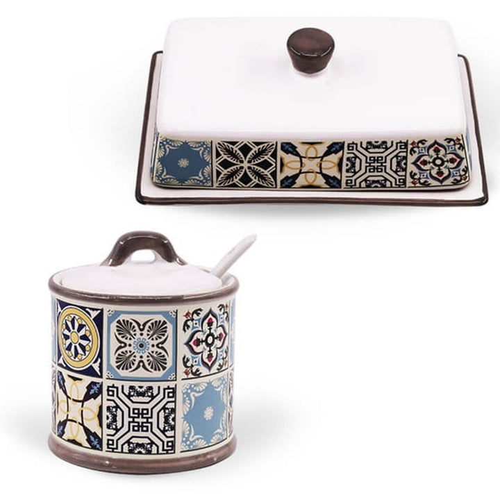 Zuccheriera in ceramica Holiday in Porto Maestro, capacità 300 ml, il set comprende - cucchiaio in ceramica, MR-20005-09 + burriera in ceramica Holiday in Porto Maestro, MR-20005-45