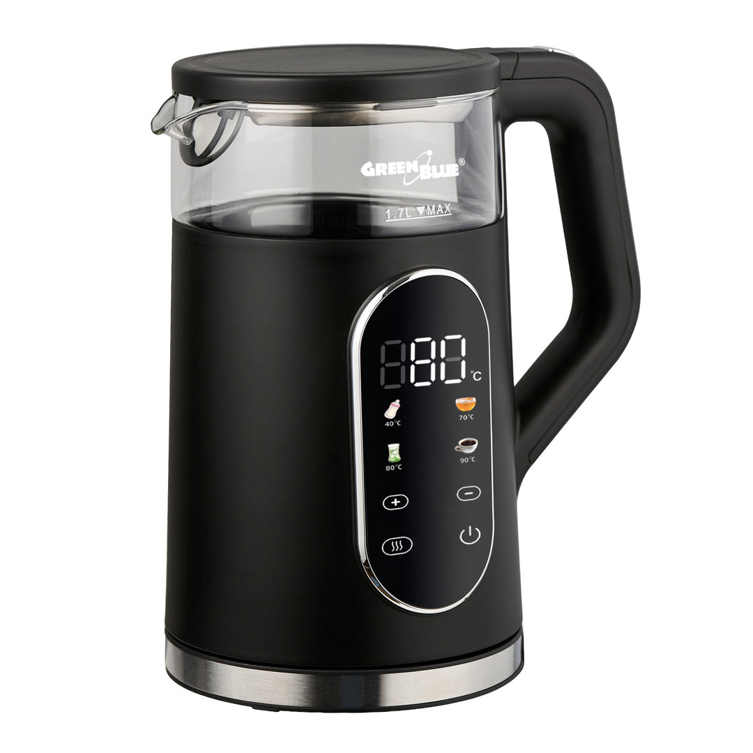 Bollitore elettrico senza filo GreenBlue, capacità 1,7 l, serbatoio in vetro, display di facile lettura, selezione della temperatura, 2200 W, GB670 B