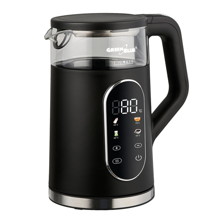 Bollitore elettrico senza filo GreenBlue, capacità 1,7 l, serbatoio in vetro, display di facile lettura, selezione della temperatura, 2200 W, GB670 B