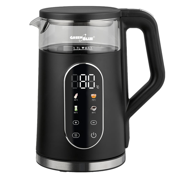 Bollitore elettrico senza filo GreenBlue, capacità 1,7 l, serbatoio in vetro, display di facile lettura, selezione della temperatura, 2200 W, GB670 B