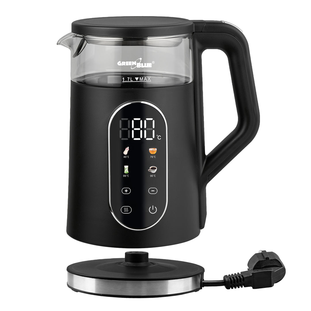 Bollitore elettrico senza filo GreenBlue, capacità 1,7 l, serbatoio in vetro, display di facile lettura, selezione della temperatura, 2200 W, GB670 B