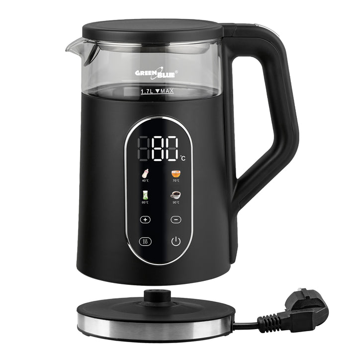 Bollitore elettrico senza filo GreenBlue, capacità 1,7 l, serbatoio in vetro, display di facile lettura, selezione della temperatura, 2200 W, GB670 B
