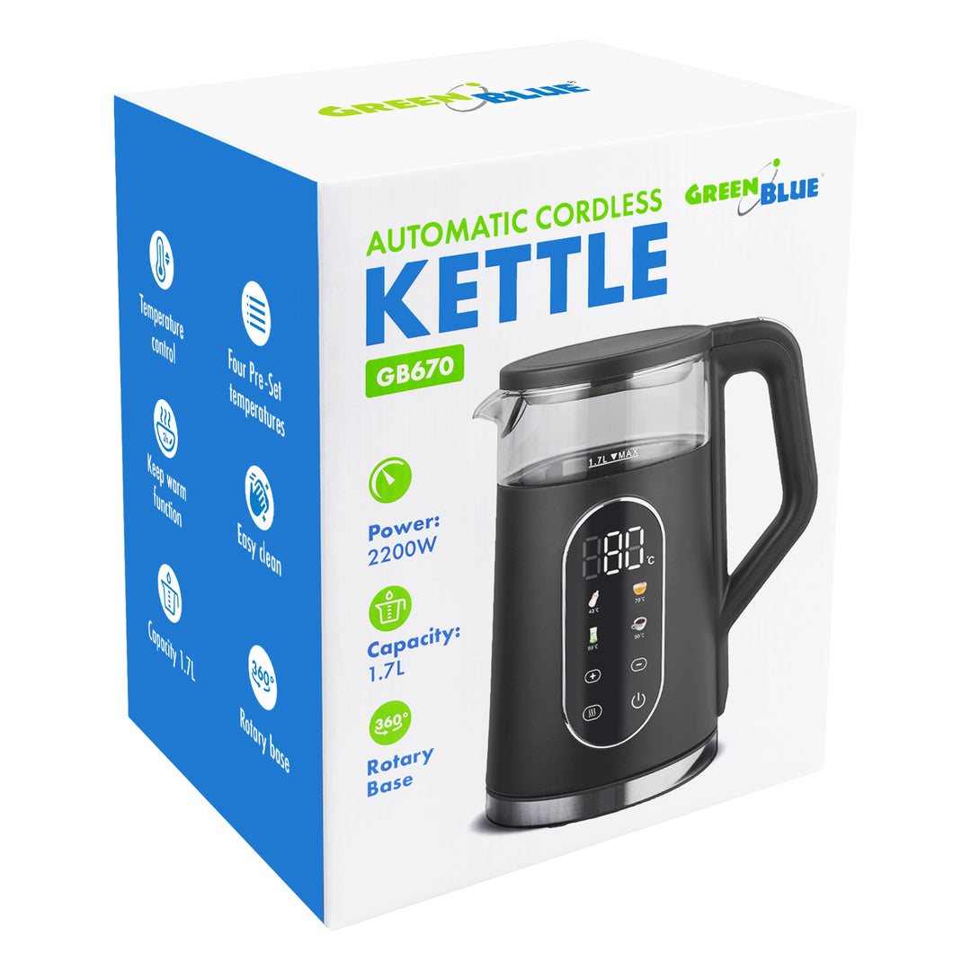 Bollitore elettrico senza filo GreenBlue, capacità 1,7 l, serbatoio in vetro, display di facile lettura, selezione della temperatura, 2200 W, GB670 B