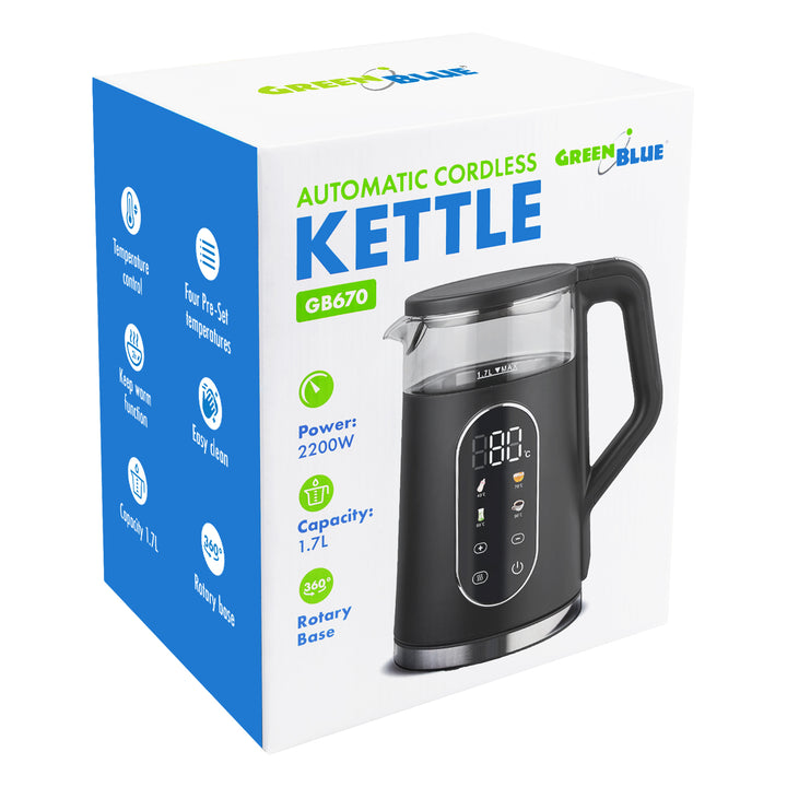 Bollitore elettrico senza filo GreenBlue, capacità 1,7 l, serbatoio in vetro, display di facile lettura, selezione della temperatura, 2200 W, GB670 B