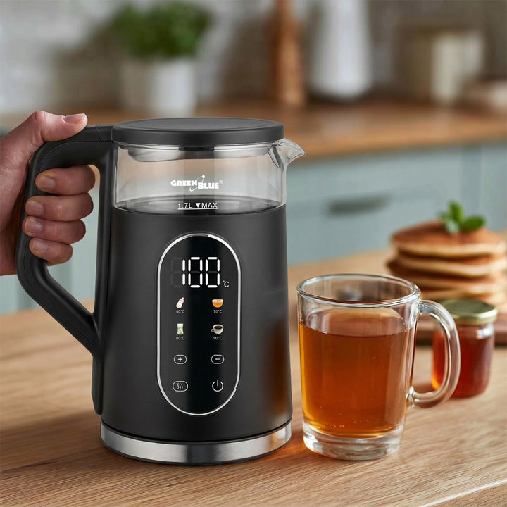 Bollitore elettrico senza filo GreenBlue, capacità 1,7 l, serbatoio in vetro, display di facile lettura, selezione della temperatura, 2200 W, GB670 B
