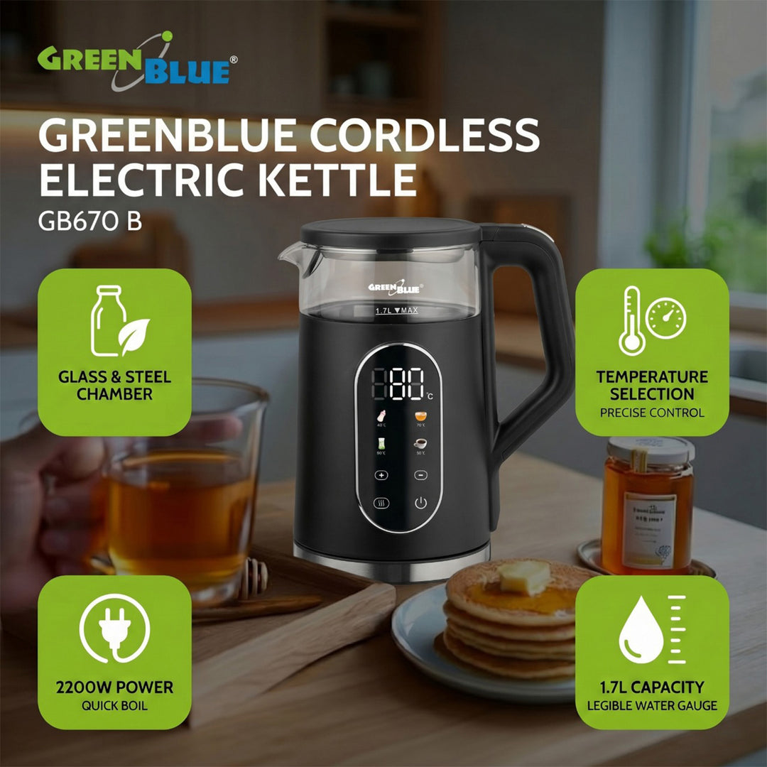 Bollitore elettrico senza filo GreenBlue, capacità 1,7 l, serbatoio in vetro, display di facile lettura, selezione della temperatura, 2200 W, GB670 B