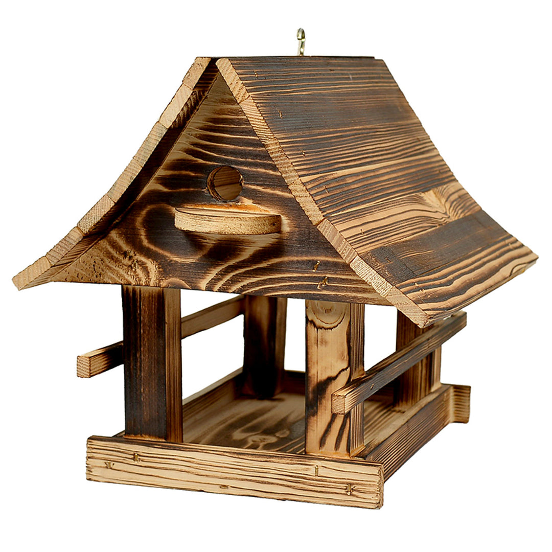 Mangiatoia per uccelli Woodok, in legno, cotta, gancio per appendere + semi per uccelli 1kg