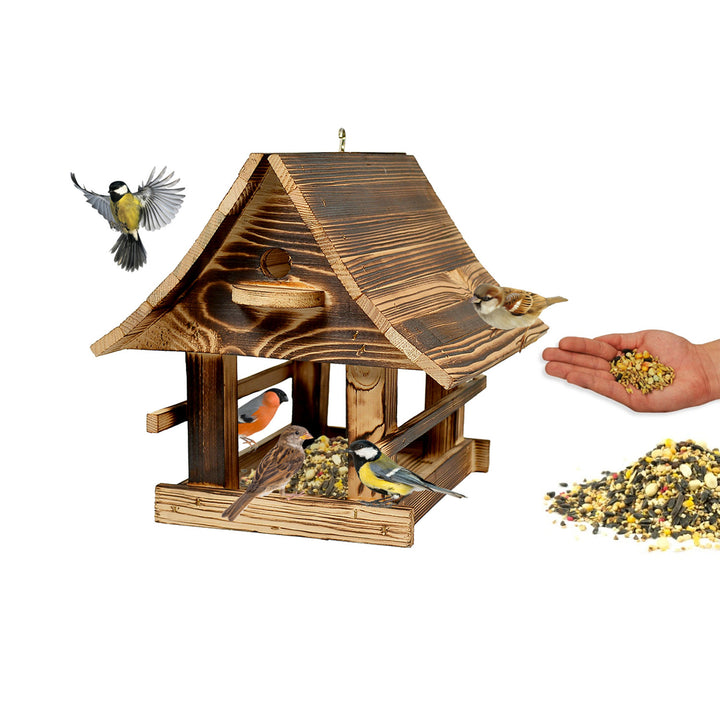 Mangiatoia per uccelli Woodok, in legno, cotta, gancio per appendere + semi per uccelli 1kg