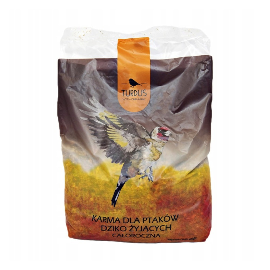Mangiatoia per uccelli Woodok, in legno, cotta, gancio per appendere + semi per uccelli 1kg