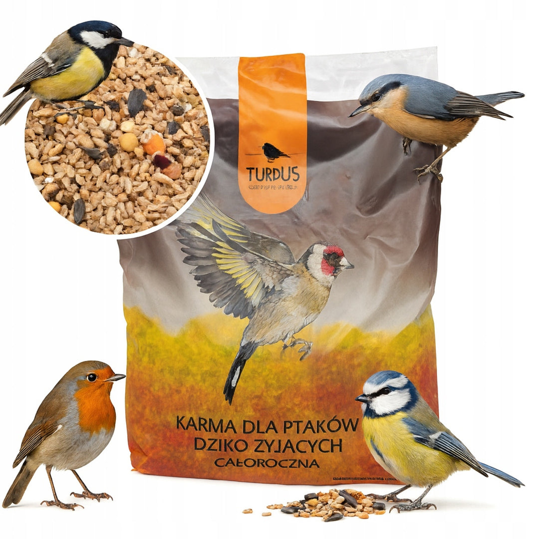 Mangiatoia per uccelli Woodok, in legno, cotta, gancio per appendere + semi per uccelli 1kg