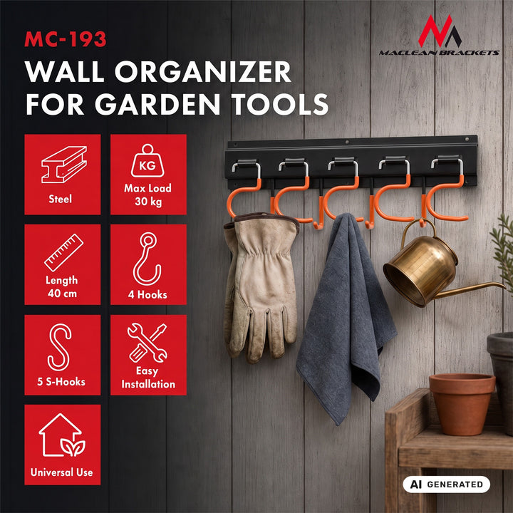 Organizer da parete per attrezzi da giardino Maclean, in acciaio, con ganci, carico massimo 30 kg, larghezza 40 cm, MC-193