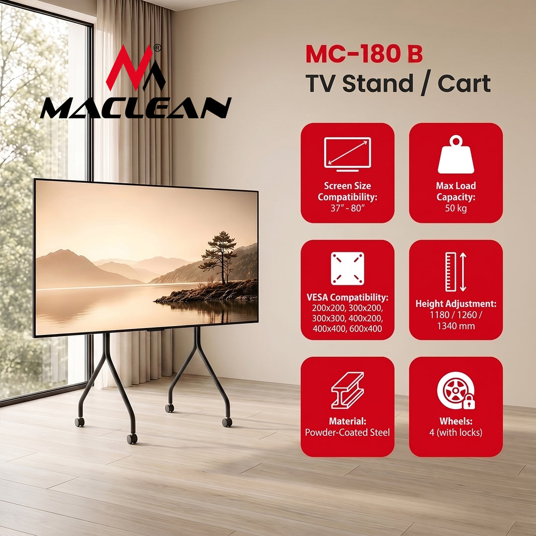 Supporto / carrello per TV Maclean, su ruote, 37-80", carico massimo 50 kg, VESA massimo 600x400, nero, MC-180 B