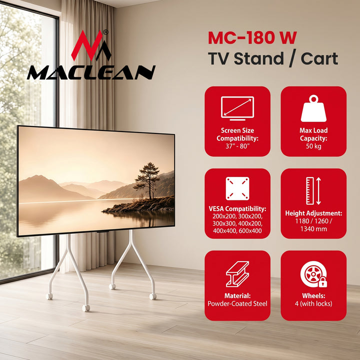 Supporto / carrello per TV Maclean, su ruote, 37-80", carico massimo 50 kg, VESA massimo 600x400, bianco, MC-180 W