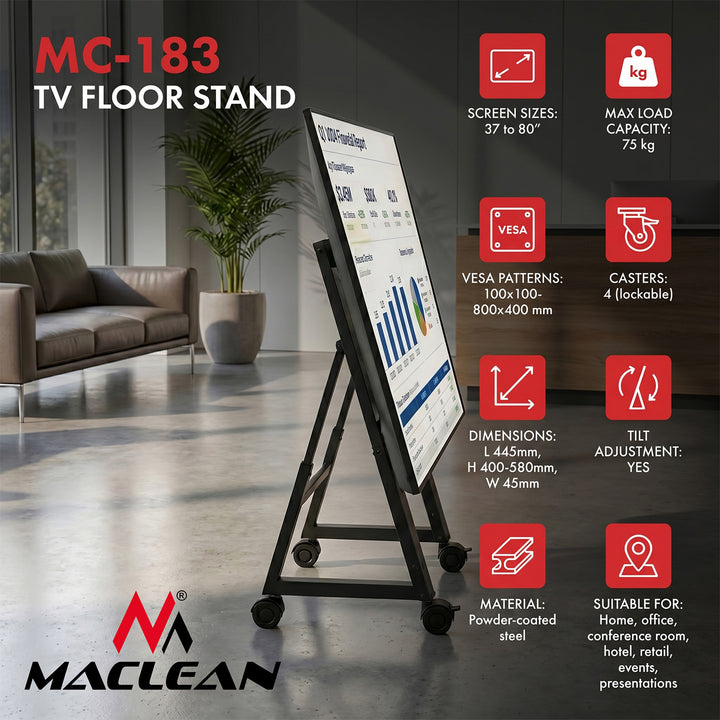 Carrello / supporto da pavimento per TV Maclean, 37-80", VESA max. 800x400, max. 75 kg, mobile, ruote bloccabili, MC-183
