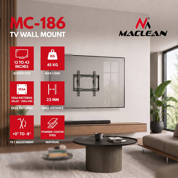 Supporto / gancio per TV Maclean, VESA max 200x200, 13-43", fino a 45 kg, nero, regolazione dell'inclinazione 0°~-8°, MC-186