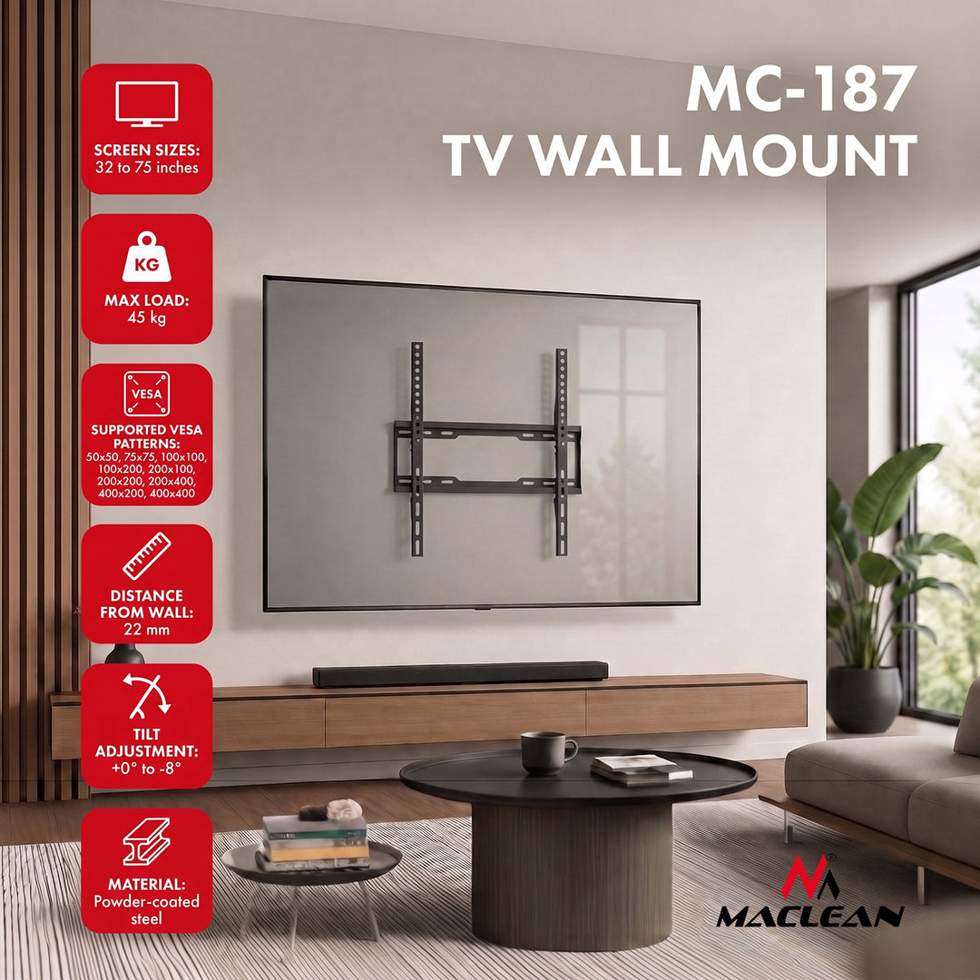 Supporto / gancio per TV Maclean, VESA max 400x400, 32-75", fino a 45 kg, nero, regolazione dell'inclinazione 0°~-8°, MC-187