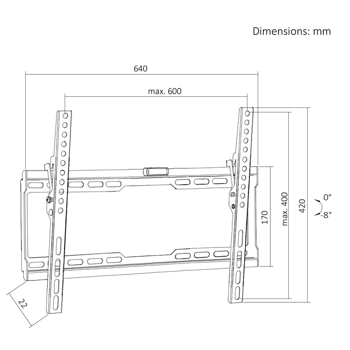 Supporto / gancio per TV Maclean, VESA max 600x400, 37-86", fino a 45 kg, nero, regolazione dell'inclinazione 0°~-8°, MC-188