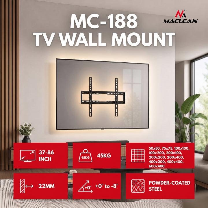 Supporto / gancio per TV Maclean, VESA max 600x400, 37-86", fino a 45 kg, nero, regolazione dell'inclinazione 0°~-8°, MC-188