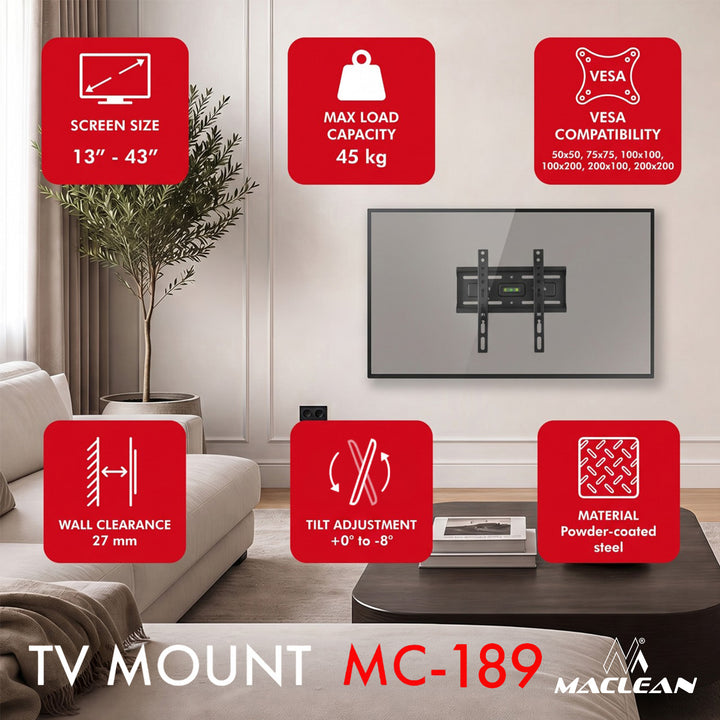 Supporto / gancio per TV Maclean, VESA max 200x200, 13-43", fino a 45 kg, nero, regolazione dell'inclinazione +2°~-10°, MC-189