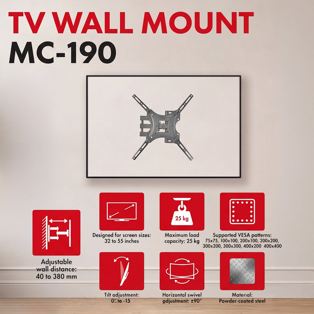 Supporto / gancio per TV Maclean, VESA max 400x400, 32-55", fino a 25 kg, nero, regolazione dell'inclinazione 0°~-15° e rotazione +90°~-90°, MC-190