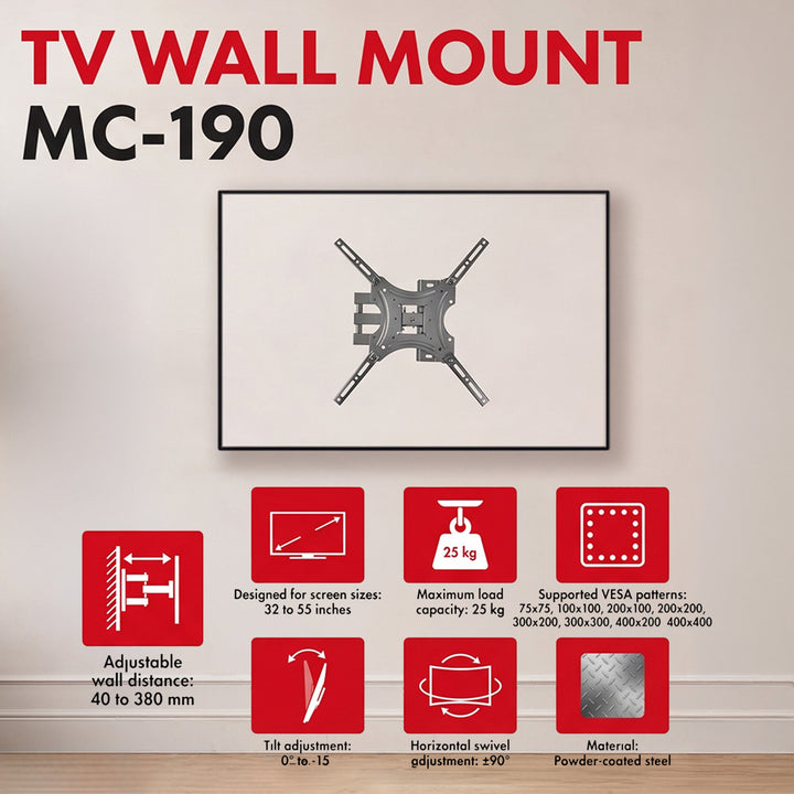 Supporto / gancio per TV Maclean, VESA max 400x400, 32-55", fino a 25 kg, nero, regolazione dell'inclinazione 0°~-15° e rotazione +90°~-90°, MC-190