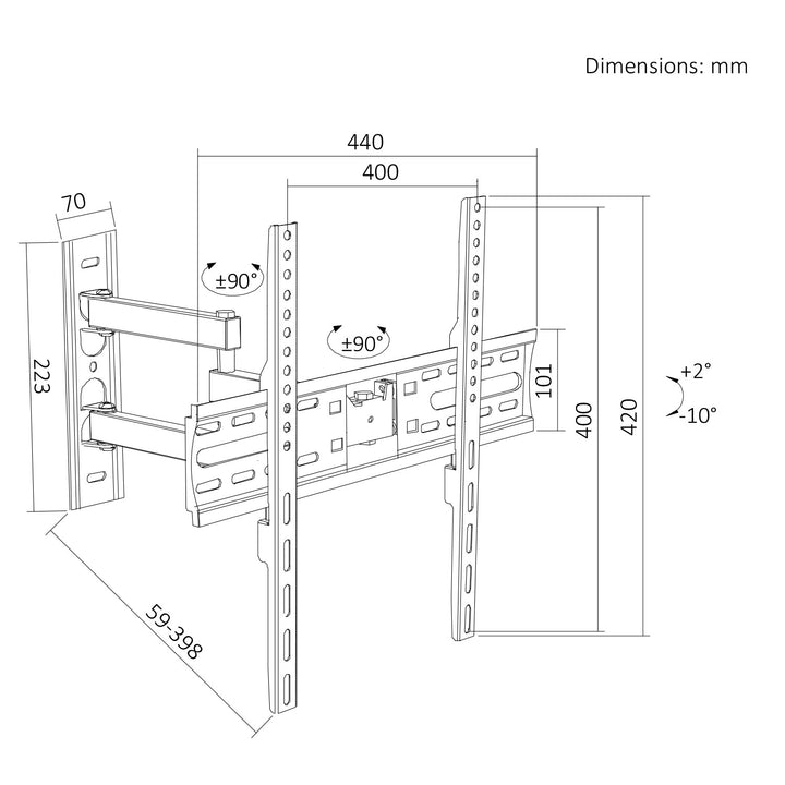 Supporto / gancio per TV Maclean, VESA max 400x400, 32-55", fino a 30 kg, nero, regolazione dell'inclinazione da +2° a -10° e della rotazione da +90° a -90°, MC-191