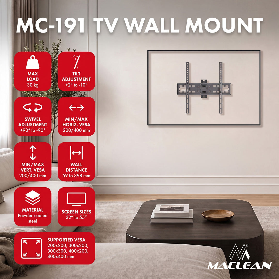 Supporto / gancio per TV Maclean, VESA max 400x400, 32-55", fino a 30 kg, nero, regolazione dell'inclinazione da +2° a -10° e della rotazione da +90° a -90°, MC-191