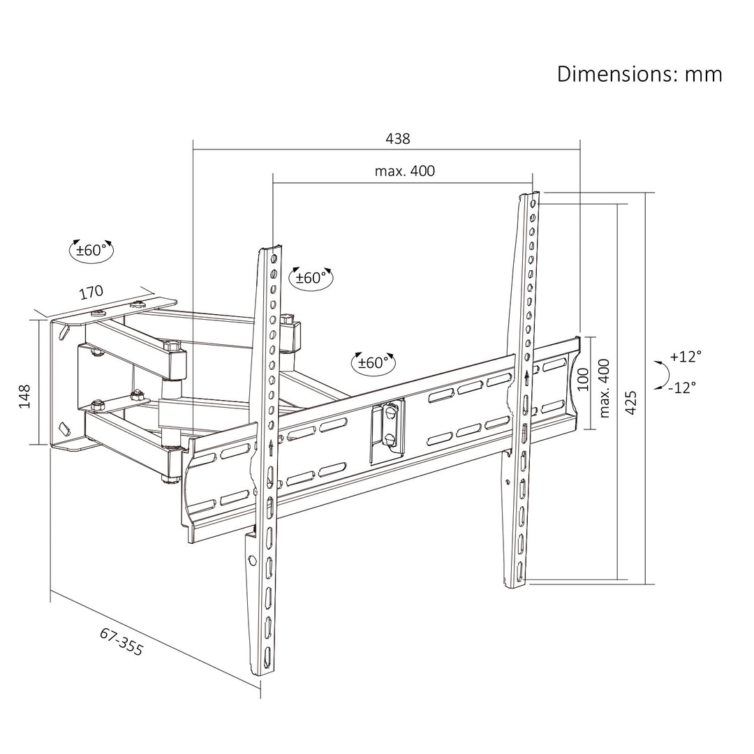 Supporto / gancio per TV Maclean, VESA max 400x400, 32-70", fino a 40 kg, nero, regolazione dell'inclinazione da +12° a -12° e della rotazione da +60° a -60°, MC-192