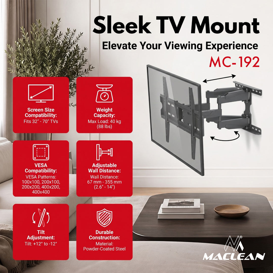 Supporto / gancio per TV Maclean, VESA max 400x400, 32-70", fino a 40 kg, nero, regolazione dell'inclinazione da +12° a -12° e della rotazione da +60° a -60°, MC-192