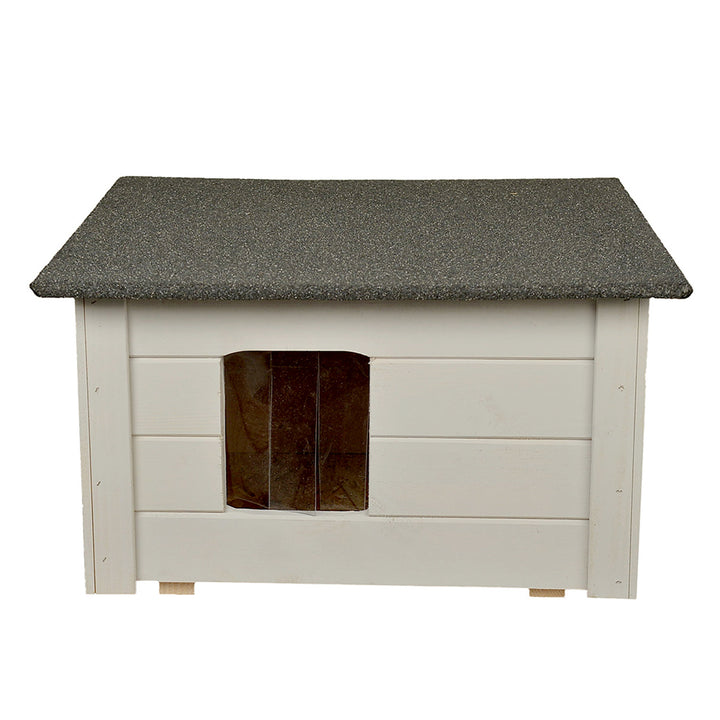 Cuccia per cani e gatti Woodok, isolata, in legno di abete rosso, grigio chiaro + lettiera