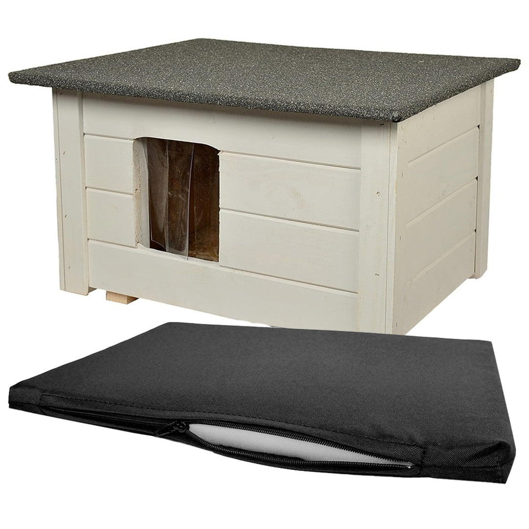 Cuccia per cani e gatti Woodok, isolata, in legno di abete rosso, grigio chiaro + lettiera