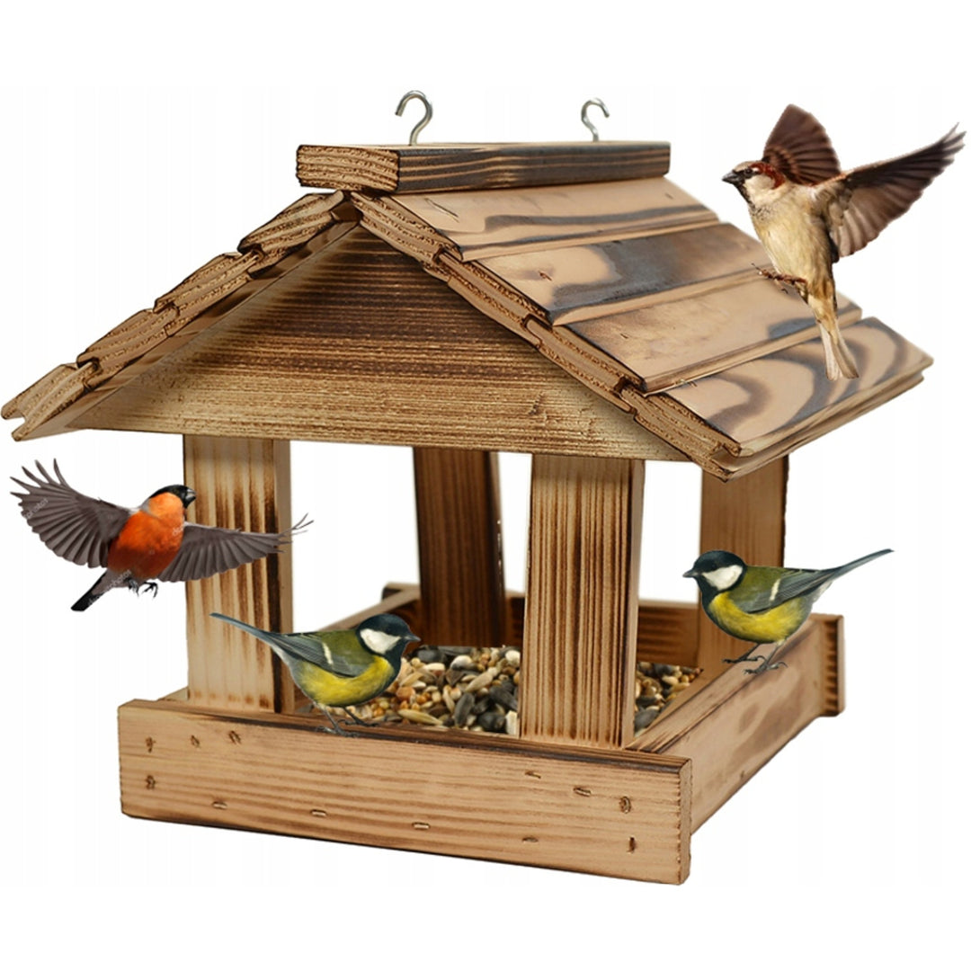Mangiatoia per uccelli Woodok, legno di abete rosso, cotto, ganci robusti + semi per uccelli 1kg