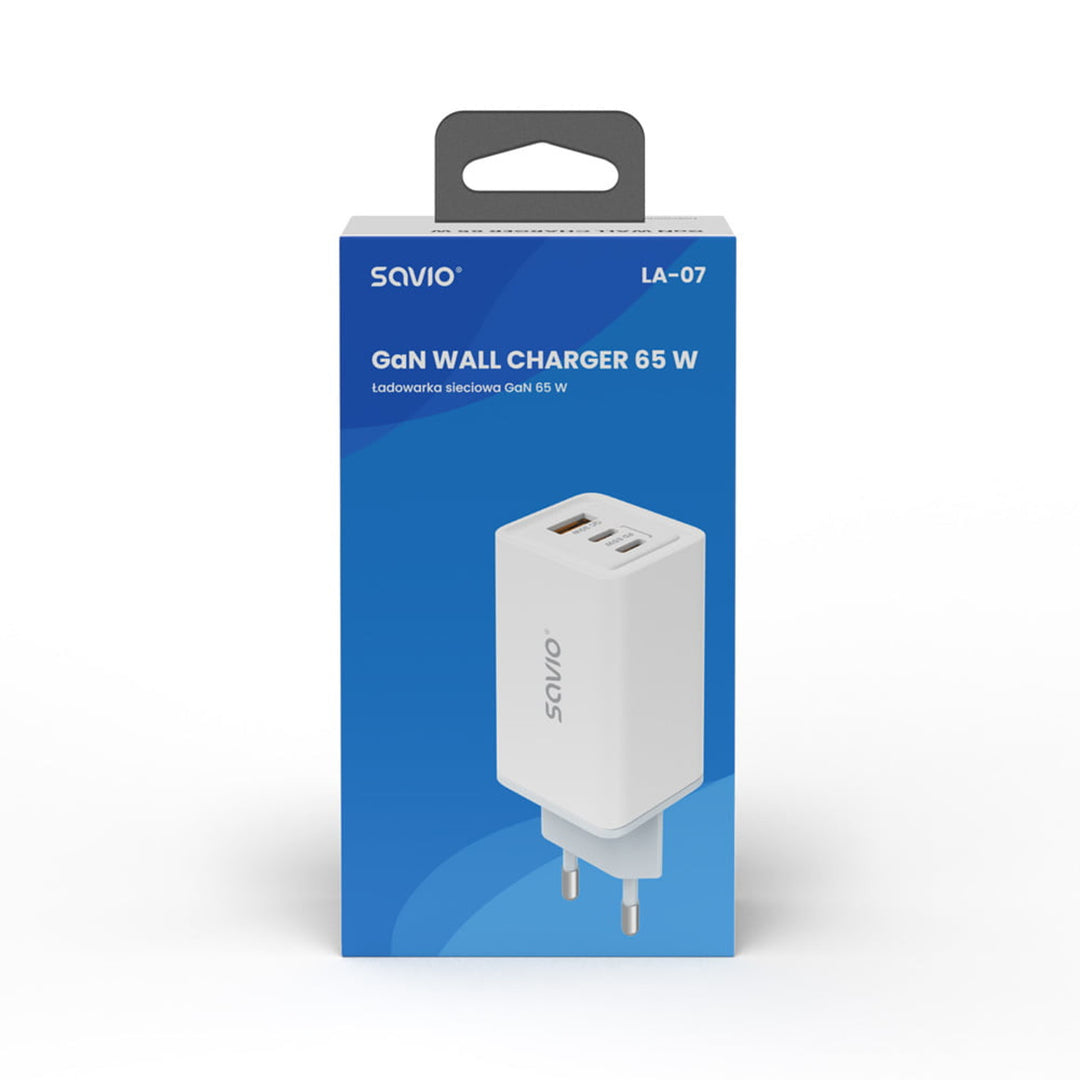 Caricabatterie da rete Savio, 1x USB-A, 2x USB-C, GaN, 65W, bianco, SAVLA-07