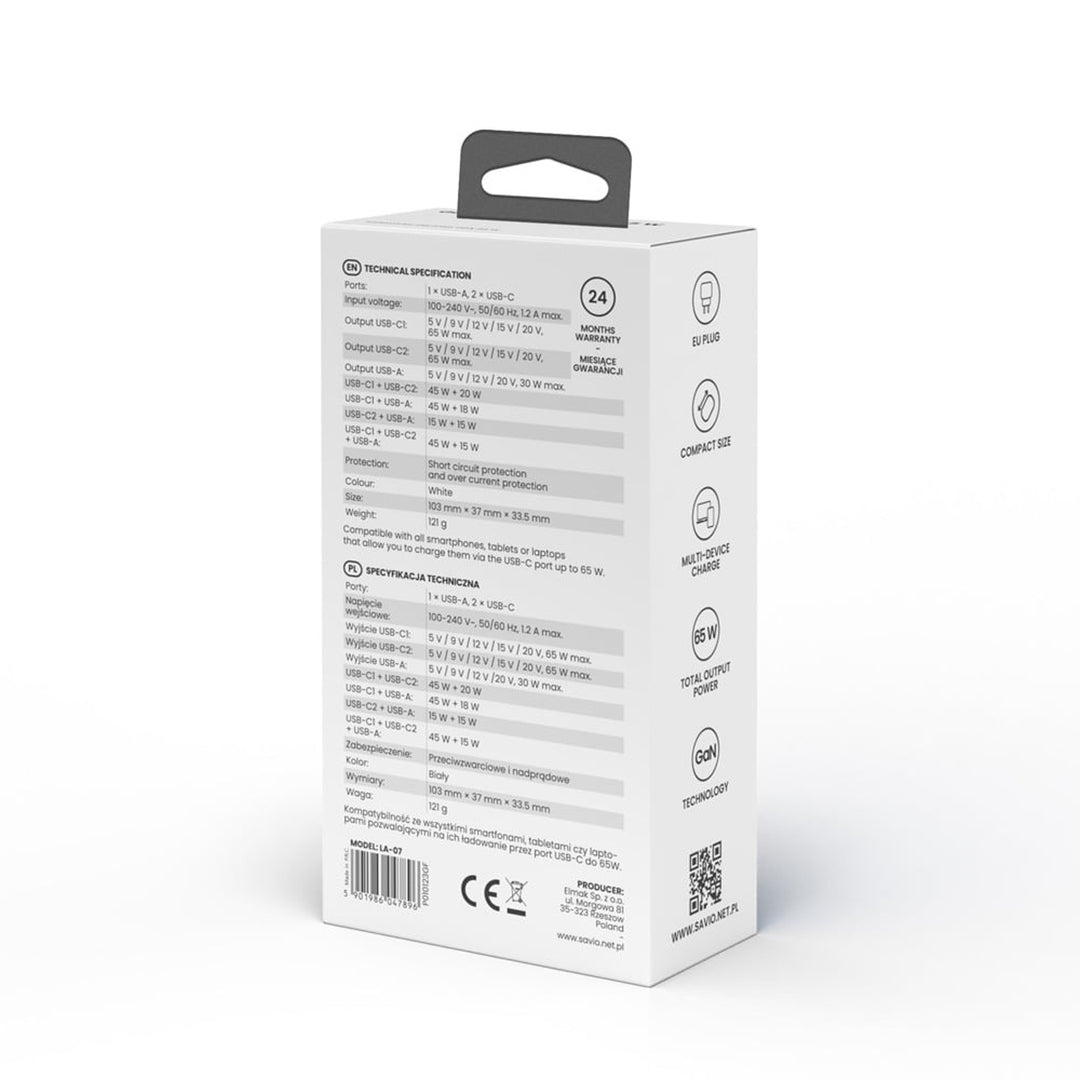 Caricabatterie da rete Savio, 1x USB-A, 2x USB-C, GaN, 65W, bianco, SAVLA-07