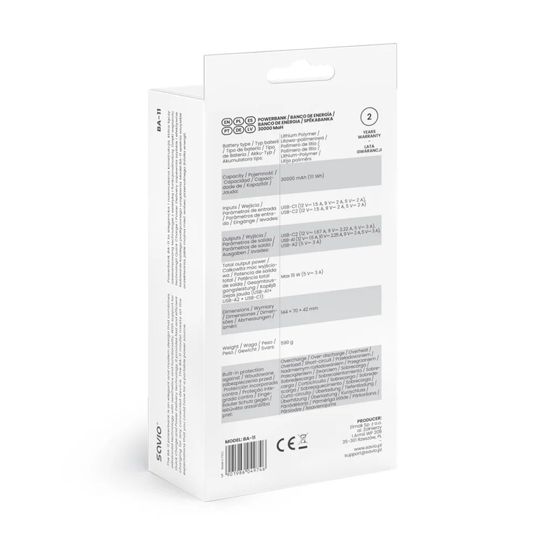 Powerbank SAVIO, 2 porte USB, 1 porta USB-C, ricarica rapida, consegna di energia, SAVBA-11