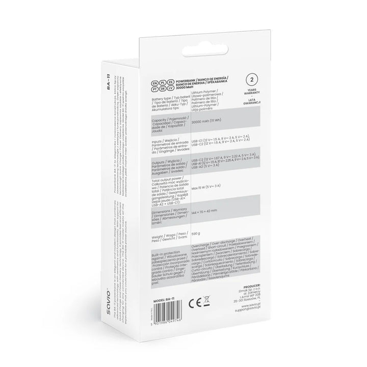 Powerbank SAVIO, 2 porte USB, 1 porta USB-C, ricarica rapida, consegna di energia, SAVBA-11
