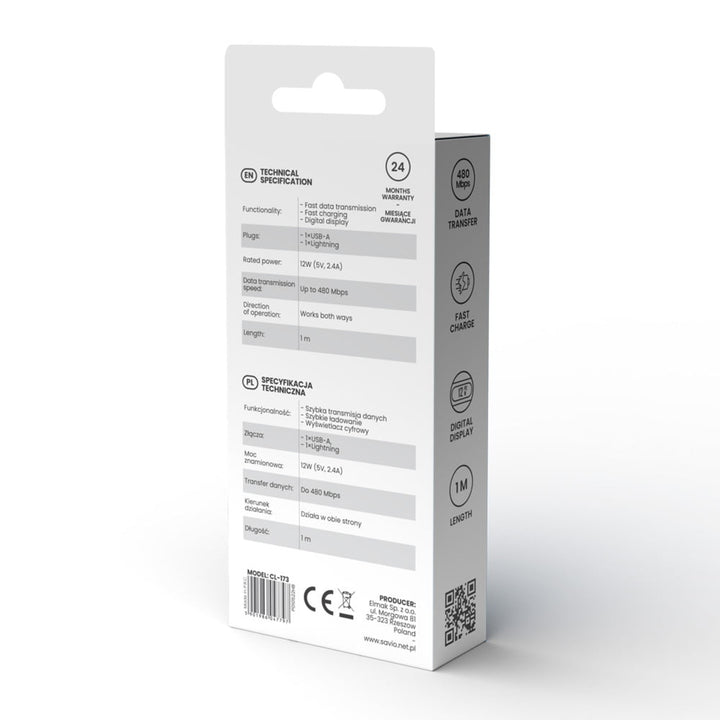 Cavo da USB a Lightning Savio, display digitale, lunghezza 1m, SAVKABELCL-173