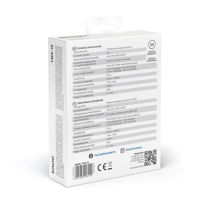 Cuffie senza fili Savio, Bluetooth 5.3, ANC, USB-C, nero