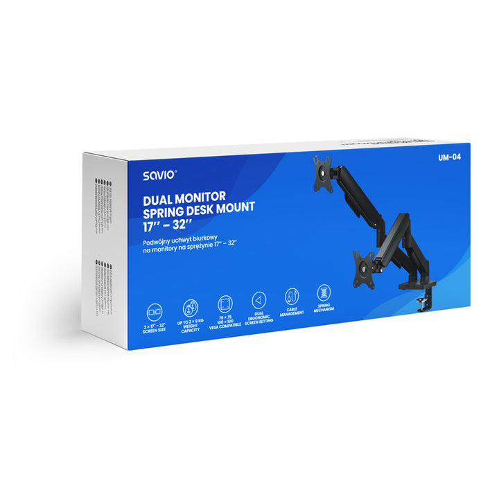 Supporto da scrivania per doppio monitor Savio, 17-32'', 9 kg di carico per monitor, VESA, meccanismo a molla, nero, SAVUM-04