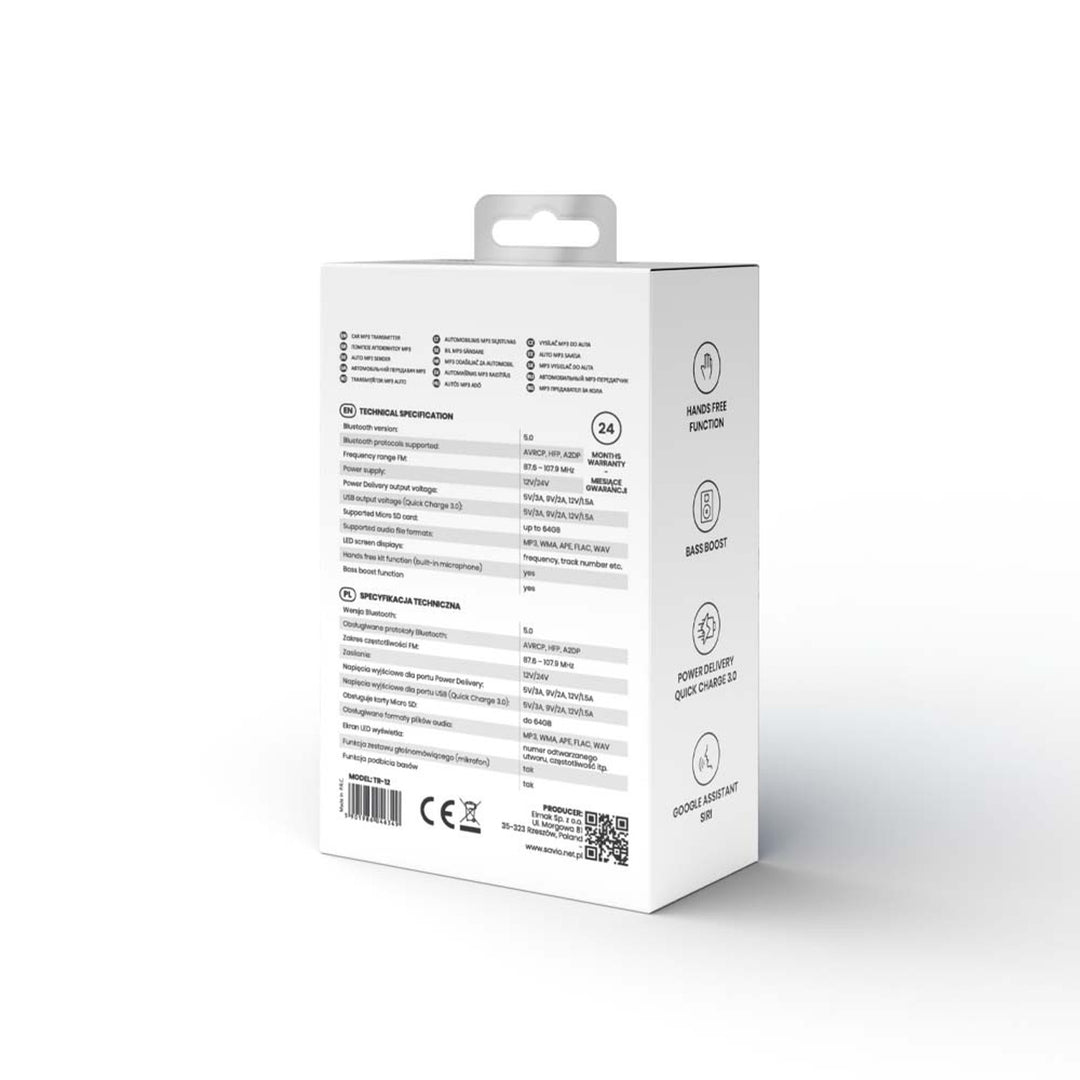 Trasmettitore MP3 per auto Savio, Bluetooth 5.0, funzione di ricarica, nero, SAVFMTRANSTR-12