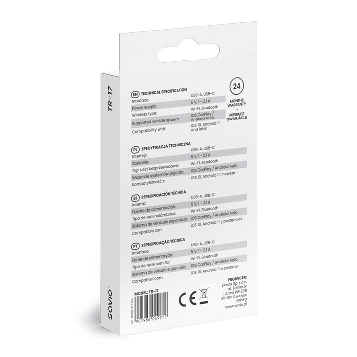 Adattatore Savio, CarPlay, Android Auto, Bluetooth, Wi-Fi, SAVTR-17