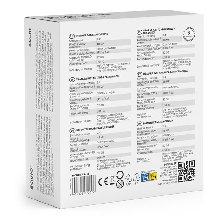 Macchina fotografica istantanea Savio per bambini, risoluzione 48MP, schermo 2,4'', 2 rotoli termici, SAVAN-01