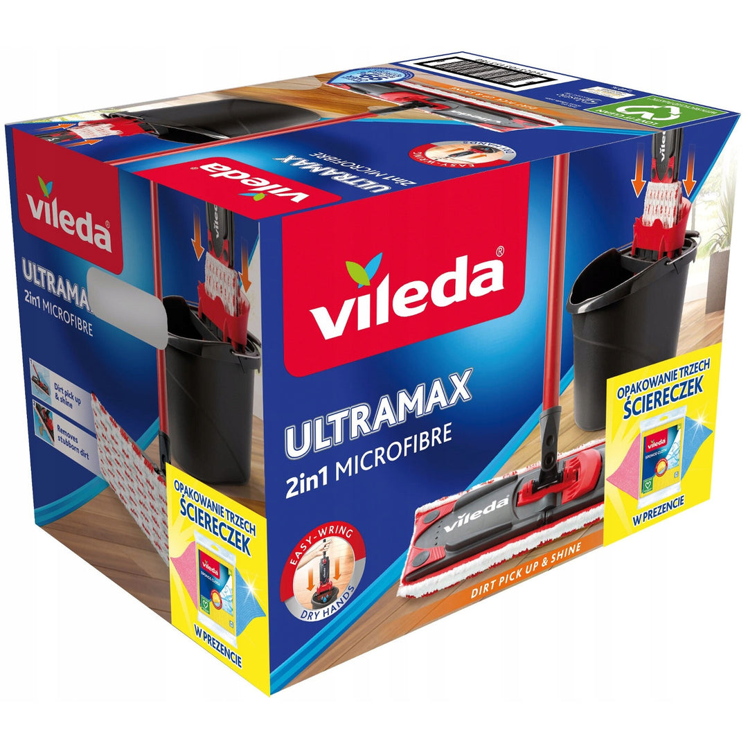 Set di mop piatti Vileda + secchio + 3 panni, Ultramax BOX, sistema di scarico touch-free, due tipi di fibre, 177453