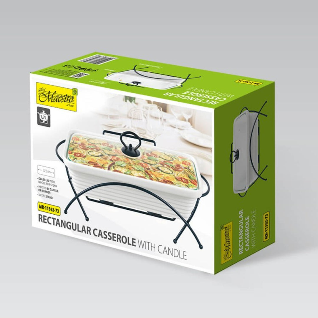 Scaldavivande Maestro in ceramica, rettangolare, bianco, capacità 1,7L, utilizzabile in forno, cestello e coperchio con maniglia inclusi, MR-11362-73
