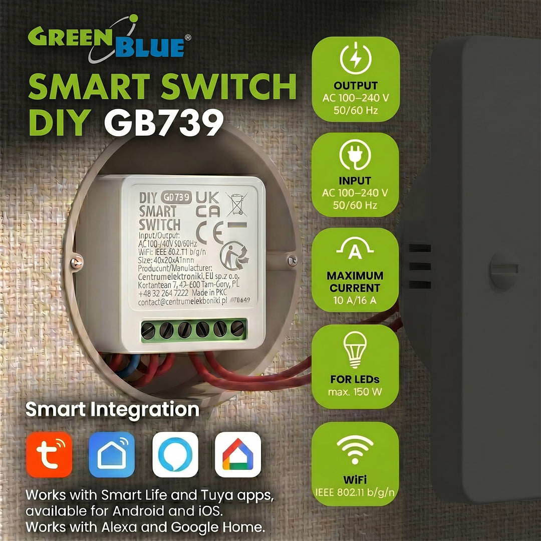 Relè WiFi da incasso GreenBlue, compatibile con Android/iOS/Alexa/Google Home, 100-240 V CA, 50/60 Hz, max. 16 A, per LED da 150 W, GB739