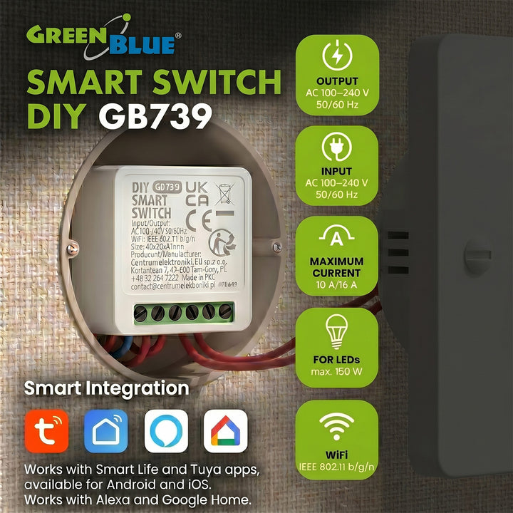 Relè WiFi da incasso GreenBlue, compatibile con Android/iOS/Alexa/Google Home, 100-240 V CA, 50/60 Hz, max. 16 A, per LED da 150 W, GB739
