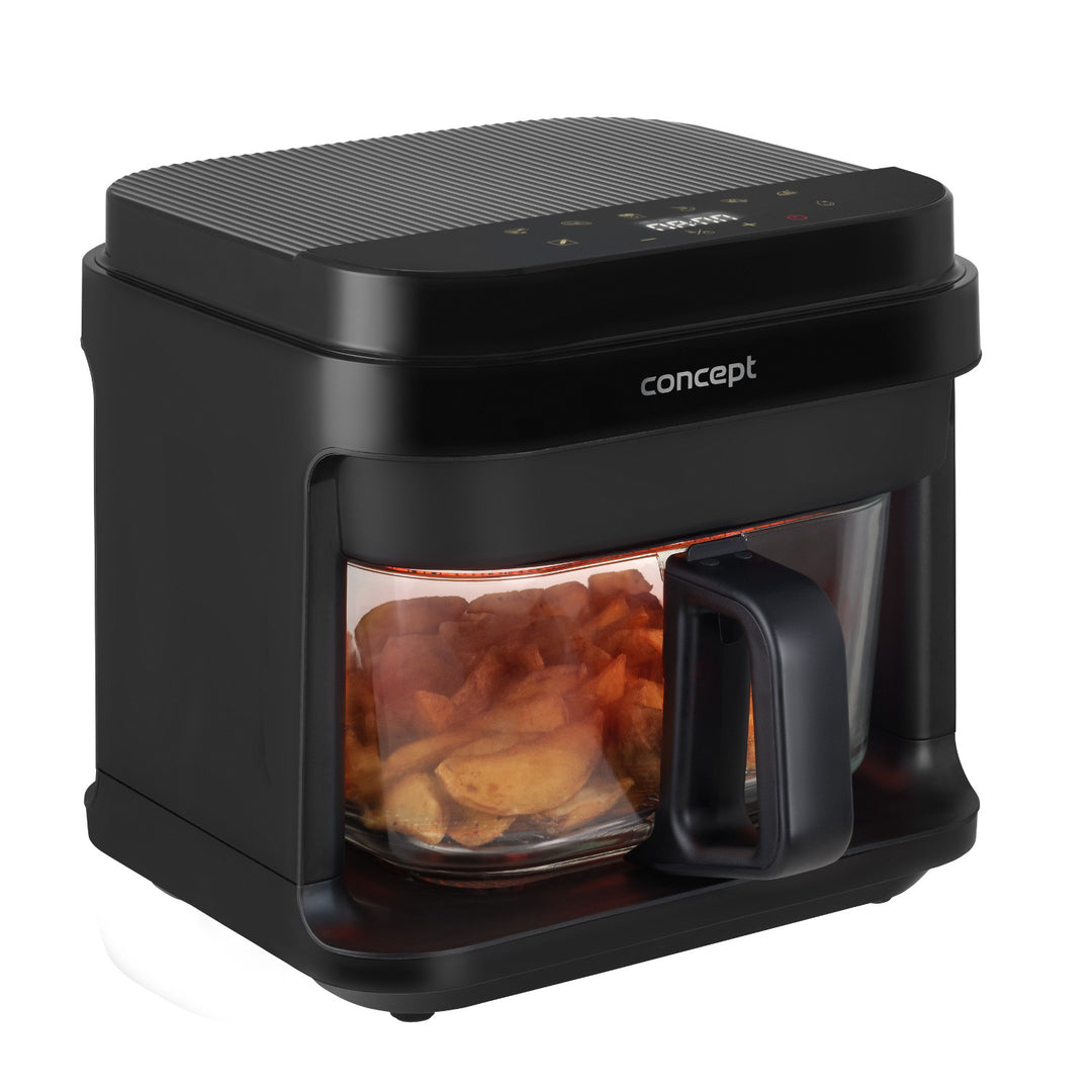 Friggitrice senza olio Concept Glass&Fast, capacità 5,5 L, 7 programmi, display LED touchscreen, modalità di frittura salutare, contenitore in vetro, FR5500