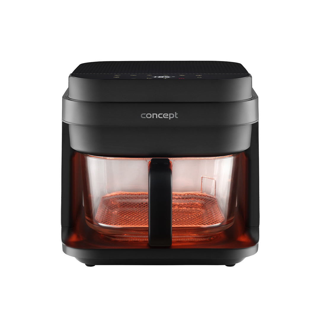 Friggitrice senza olio Concept Glass&Fast, capacità 5,5 L, 7 programmi, display LED touchscreen, modalità di frittura salutare, contenitore in vetro, FR5500