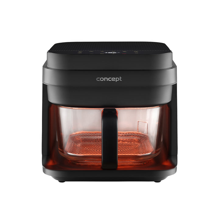 Friggitrice senza olio Concept Glass&Fast, capacità 5,5 L, 7 programmi, display LED touchscreen, modalità di frittura salutare, contenitore in vetro, FR5500