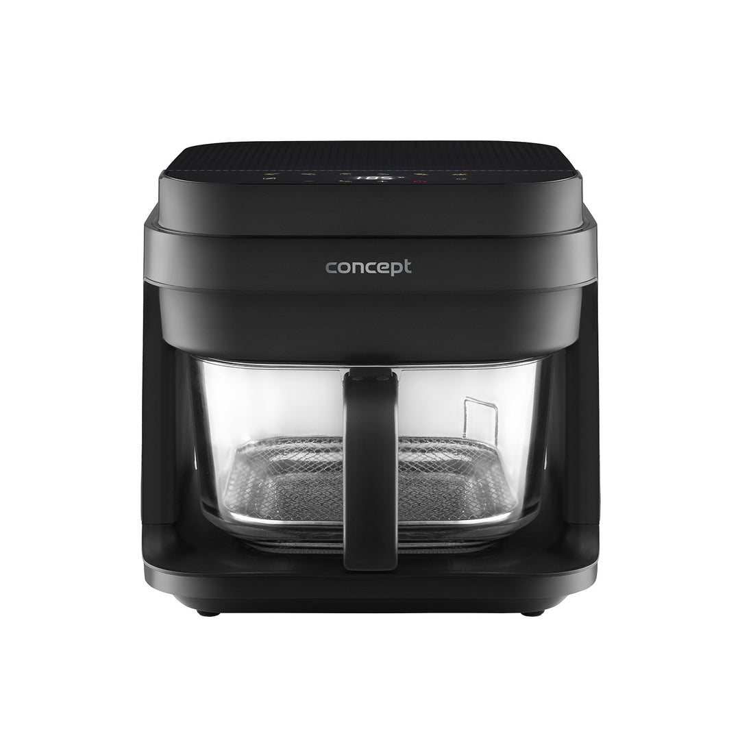 Friggitrice senza olio Concept Glass&Fast, capacità 5,5 L, 7 programmi, display LED touchscreen, modalità di frittura salutare, contenitore in vetro, FR5500